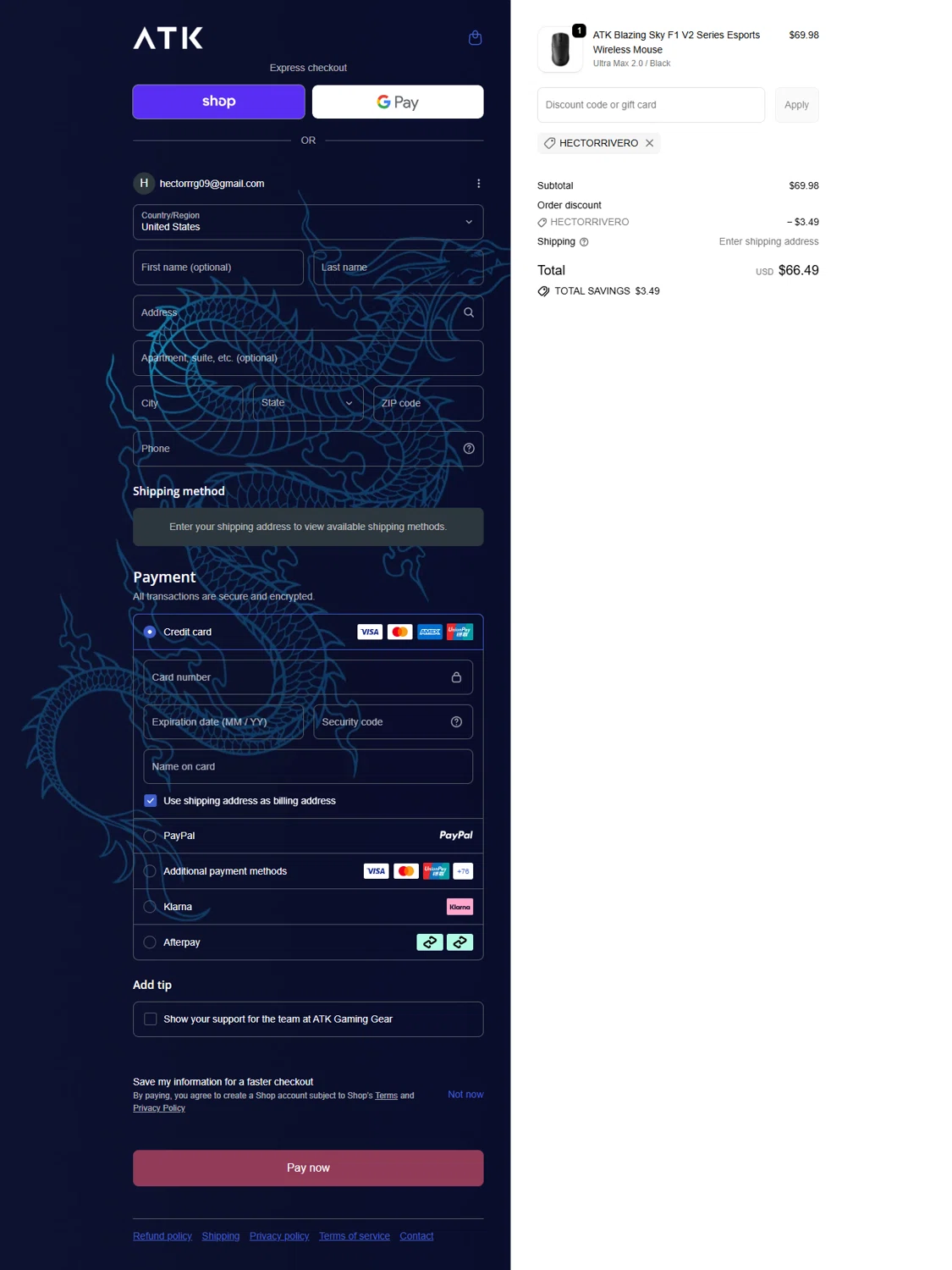 ATK Gaming Gear promo code screenshot showing code HECTORRIVERO applied at ATK Gaming Gear checkout page. Uploaded by SimplyCodes community member MACHINEv1 on Jun 8, 2026
