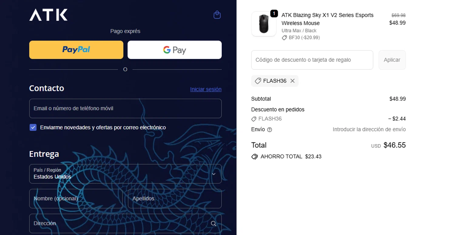 ATK Gaming Gear discount code screenshot showing code FLASH36 applied at ATK Gaming Gear checkout page. Uploaded by SimplyCodes community member VictoriousFinder8211 on Nov 25, 2025