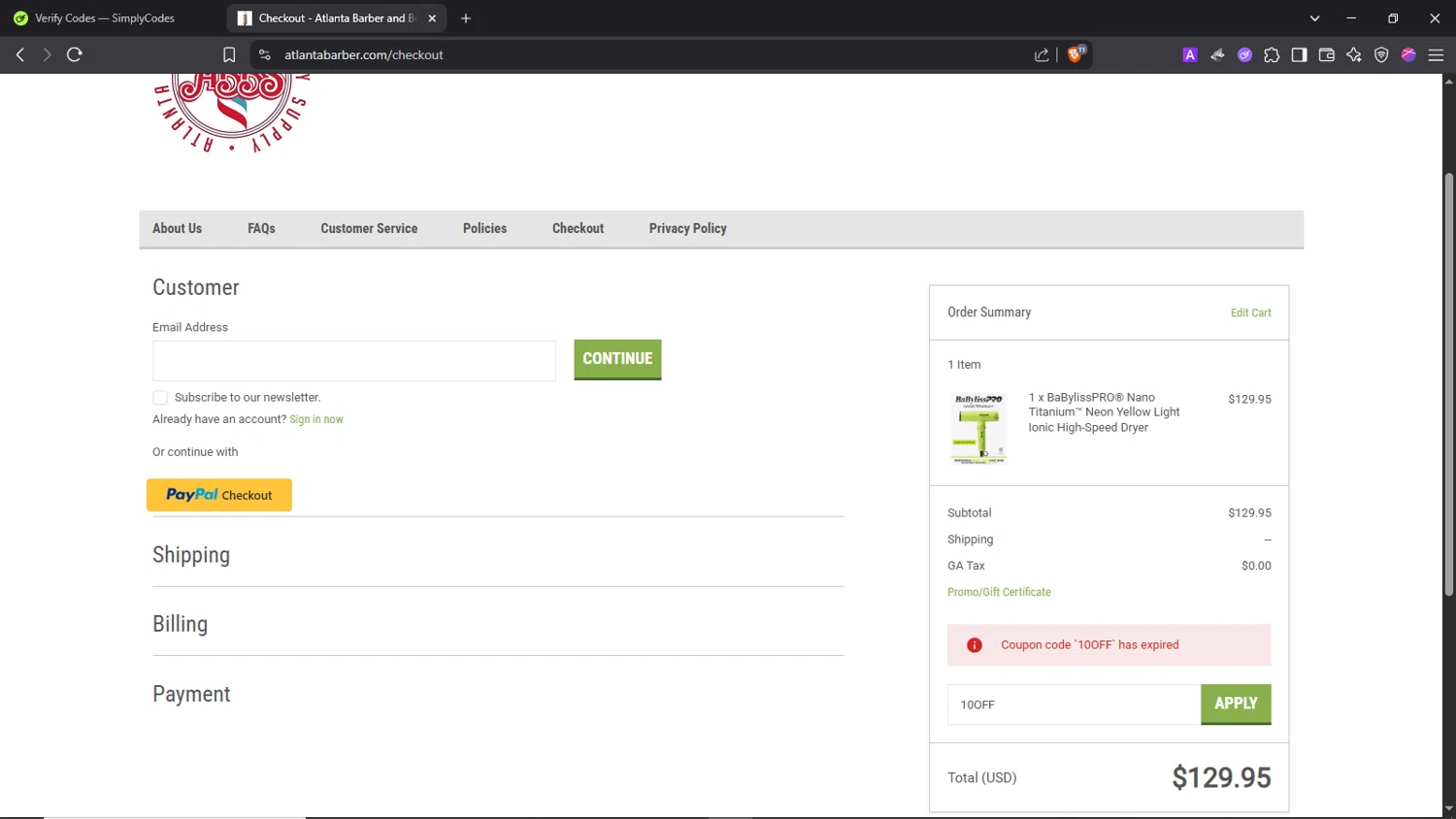 Atlanta Barber promo code screenshot showing code 10OFF applied at Atlanta Barber checkout page. Uploaded by SimplyCodes community member Morrachida04 on Jun 15, 2025