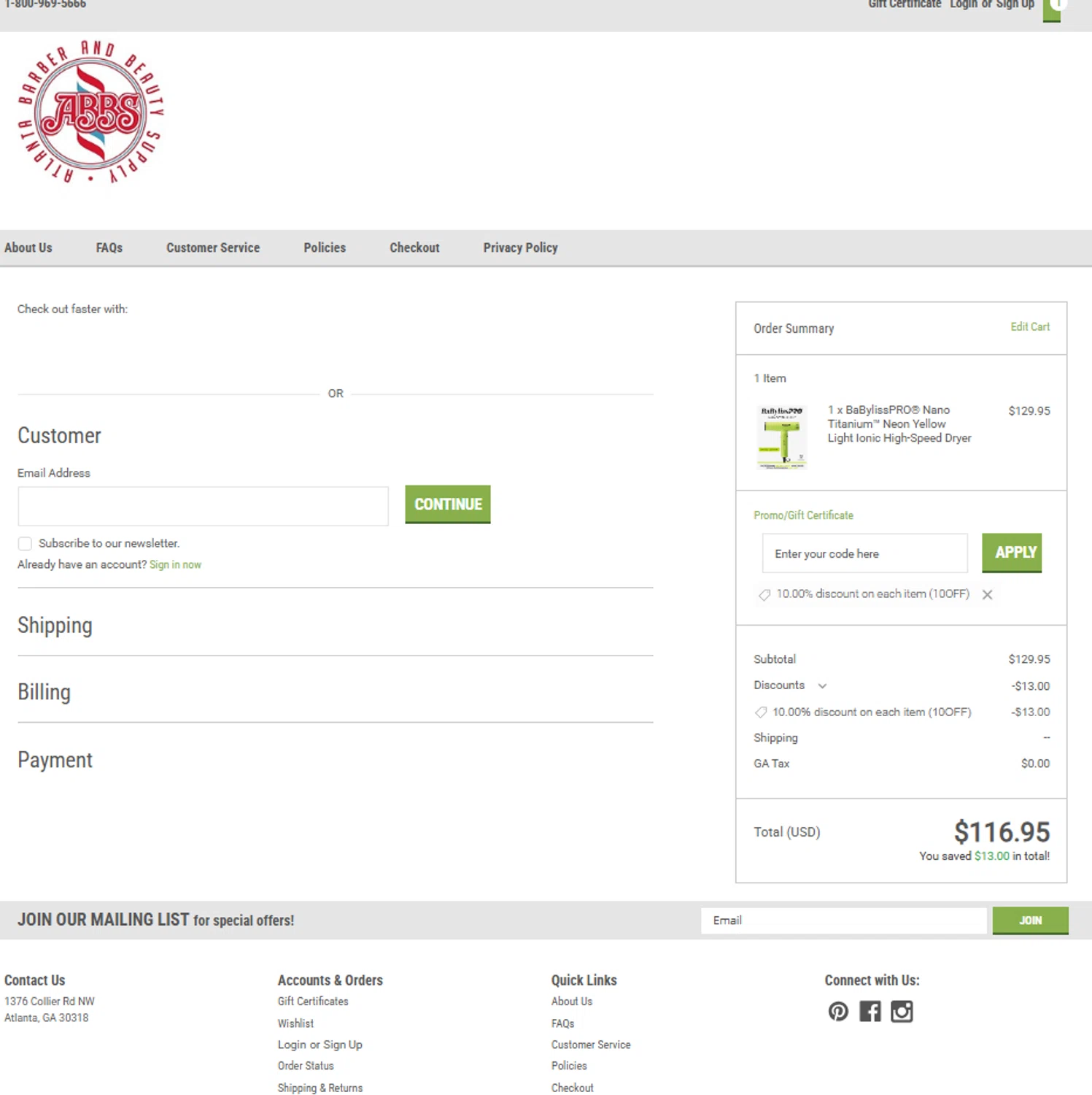 Atlanta Barber promo code screenshot showing code 10OFF applied at Atlanta Barber checkout page. Uploaded by SimplyCodes community member reggiesmith on Jan 16, 2026
