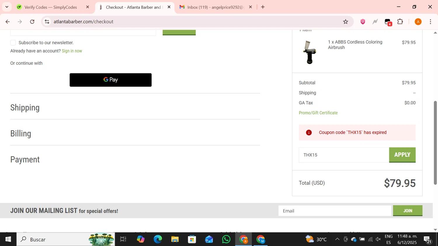 Atlanta Barber promo code screenshot showing code THX15 applied at Atlanta Barber checkout page. Uploaded by SimplyCodes community member BrilliantPro4121 on Dec 6, 2025