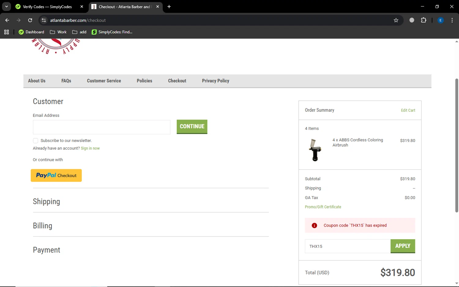 Atlanta Barber promo code screenshot showing code THX15 applied at Atlanta Barber checkout page. Uploaded by SimplyCodes community member MoneyGenius452 on Dec 6, 2025