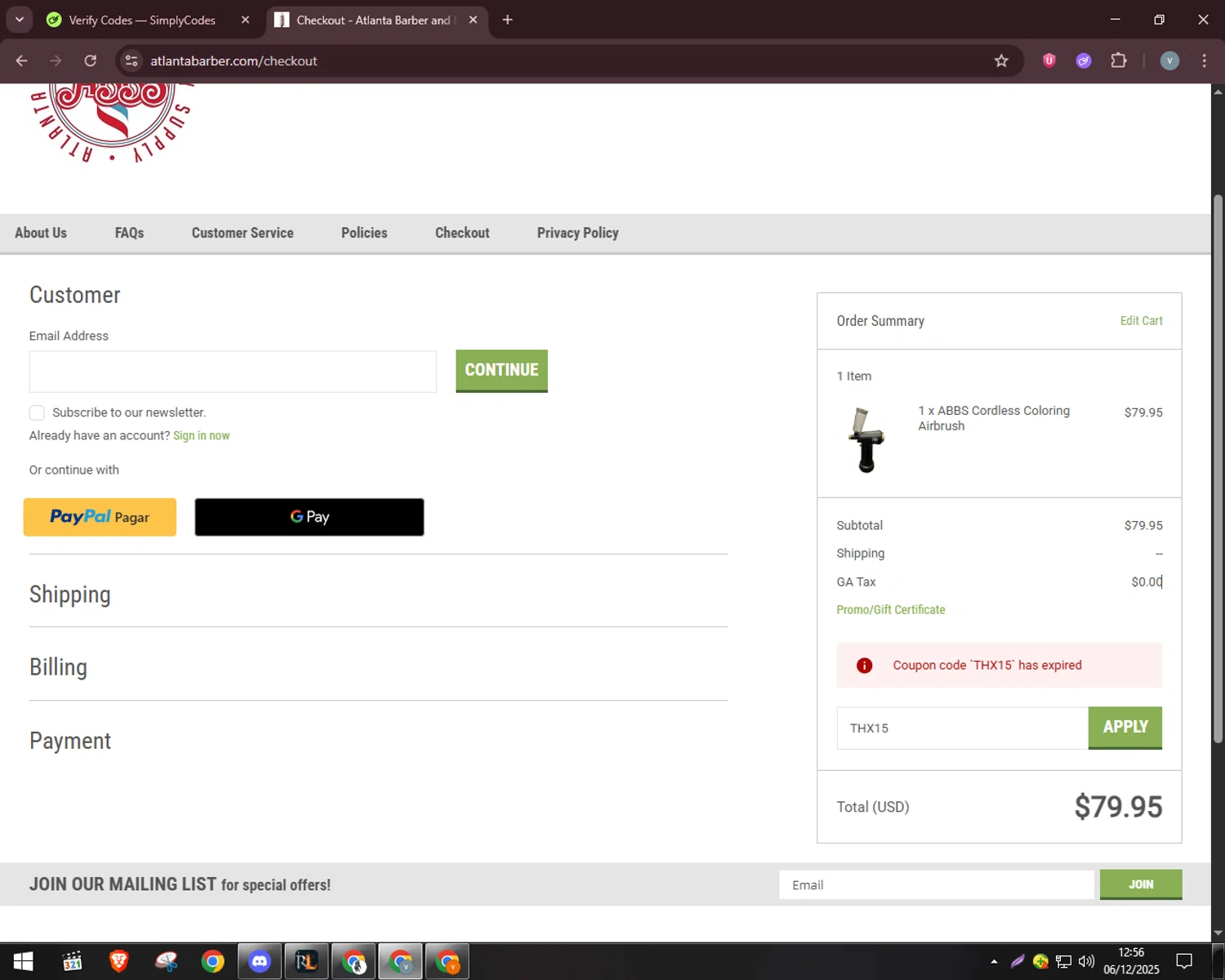 Atlanta Barber promo code screenshot showing code THX15 applied at Atlanta Barber checkout page. Uploaded by SimplyCodes community member charmander589 on Dec 6, 2025