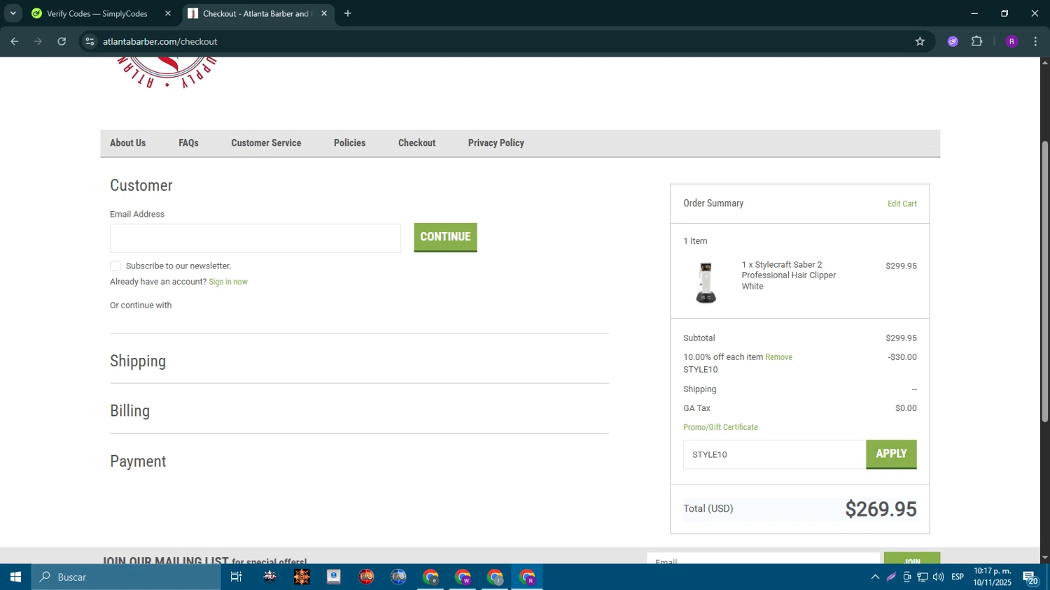 Atlanta Barber checkout page showing Atlanta Barber promo code box | Screenshot taken by SimplyCodes community member on Nov 11, 2025