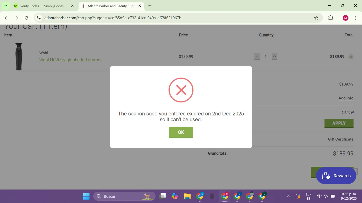 Atlanta Barber promo code screenshot showing code CYBER15 applied at Atlanta Barber checkout page. Uploaded by SimplyCodes community member CouponAce9216 on Dec 10, 2025