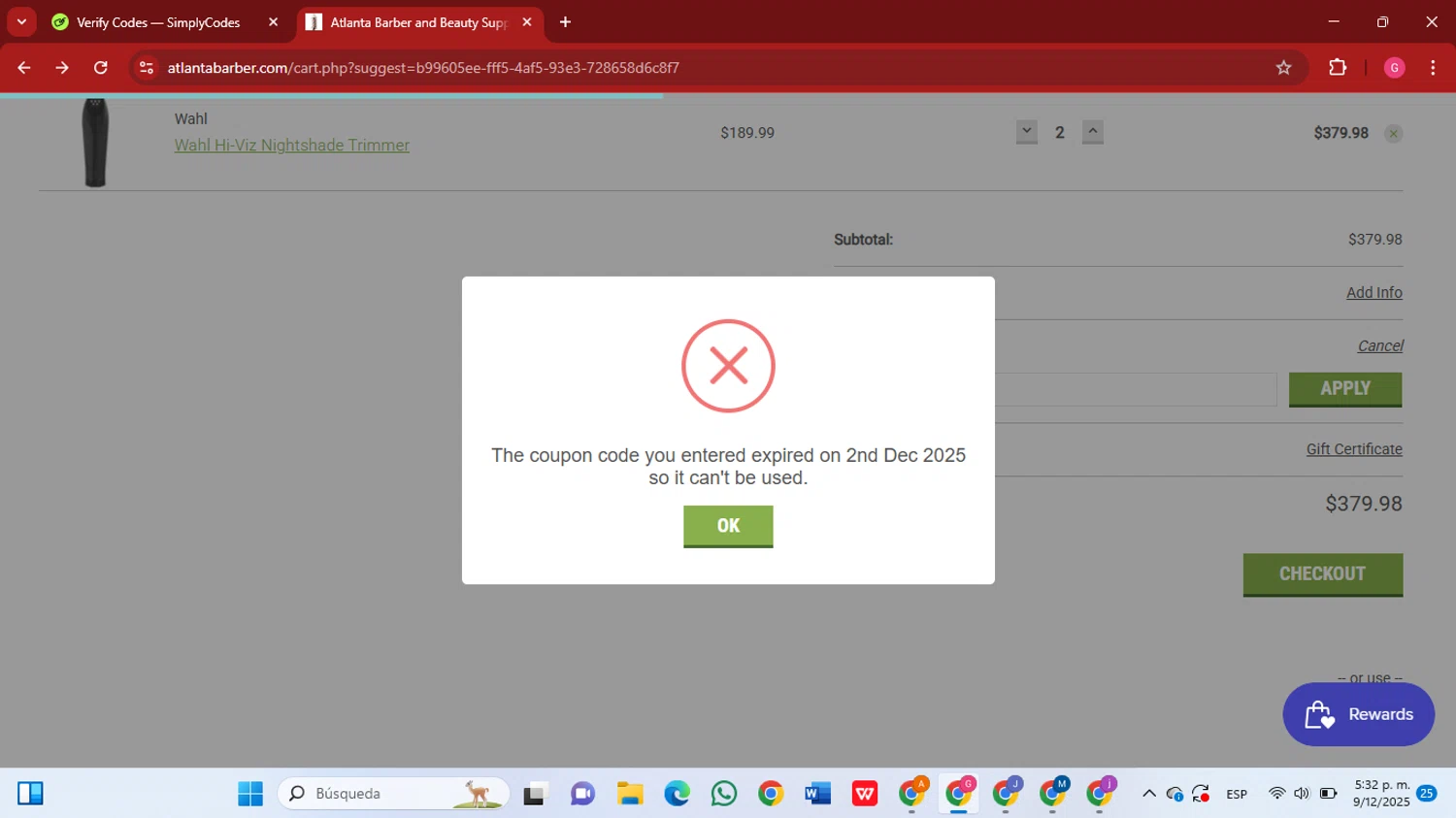Atlanta Barber promo code screenshot showing code CYBER15 applied at Atlanta Barber checkout page. Uploaded by SimplyCodes community member GGGilbert on Dec 9, 2025
