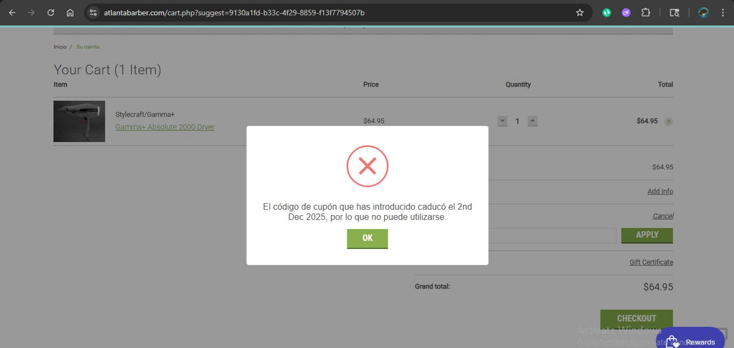 Atlanta Barber promo code screenshot showing code CYBER15 applied at Atlanta Barber checkout page. Uploaded by SimplyCodes community member xAngel on Dec 9, 2025