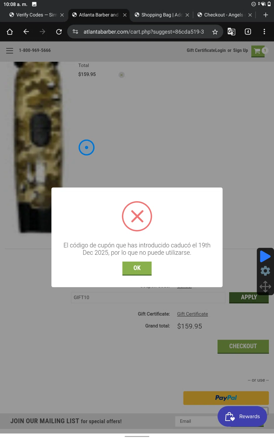 Atlanta Barber promo code screenshot showing code GIFT10 applied at Atlanta Barber checkout page. Uploaded by SimplyCodes community member SmartWhiz9028 on Dec 25, 2025