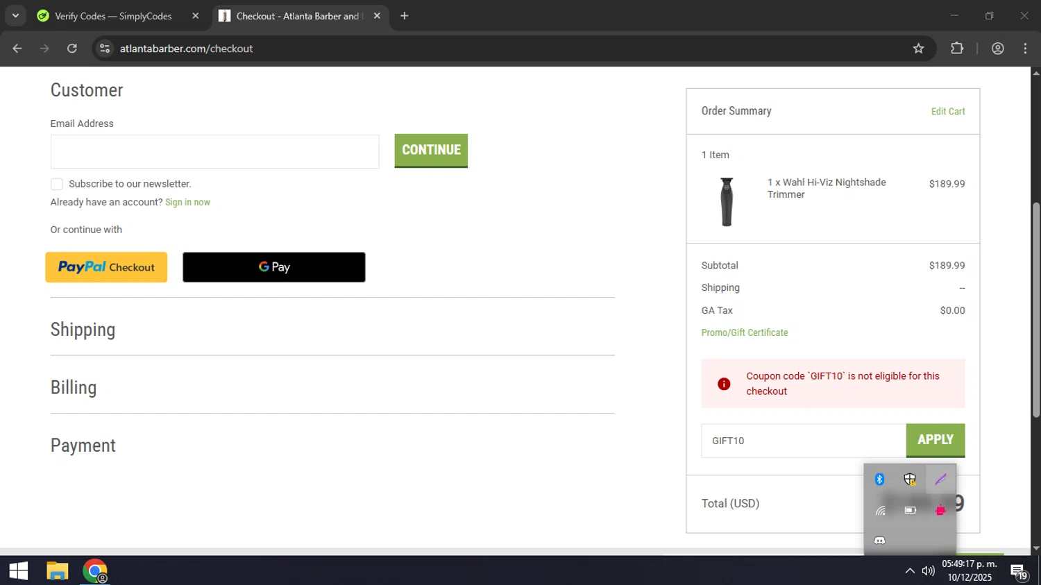 Atlanta Barber promo code screenshot showing code GIFT10 applied at Atlanta Barber checkout page. Uploaded by SimplyCodes community member coder_916642691 on Dec 10, 2025