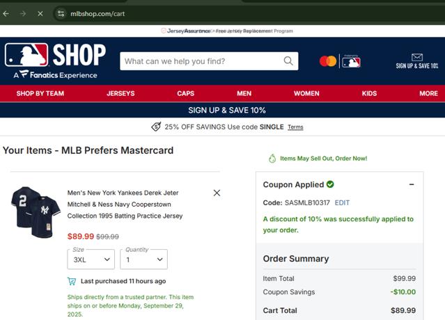 Atlanta Braves checkout page showing Atlanta Braves promo code box | Screenshot taken by SimplyCodes community member on Sep 27, 2025