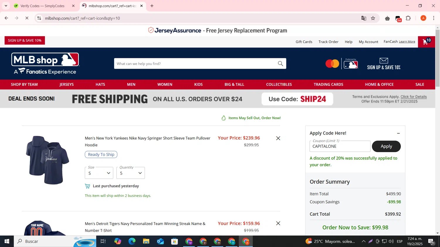 Atlanta Braves promo code screenshot showing code CAPITALONE applied at Atlanta Braves checkout page. Uploaded by SimplyCodes community member FrugalSentinel6206 on Feb 19, 2025
