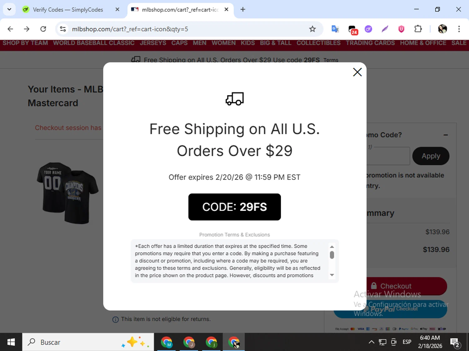 Atlanta Braves checkout page showing Atlanta Braves promo code box | Screenshot taken by SimplyCodes community member on Feb 18, 2026