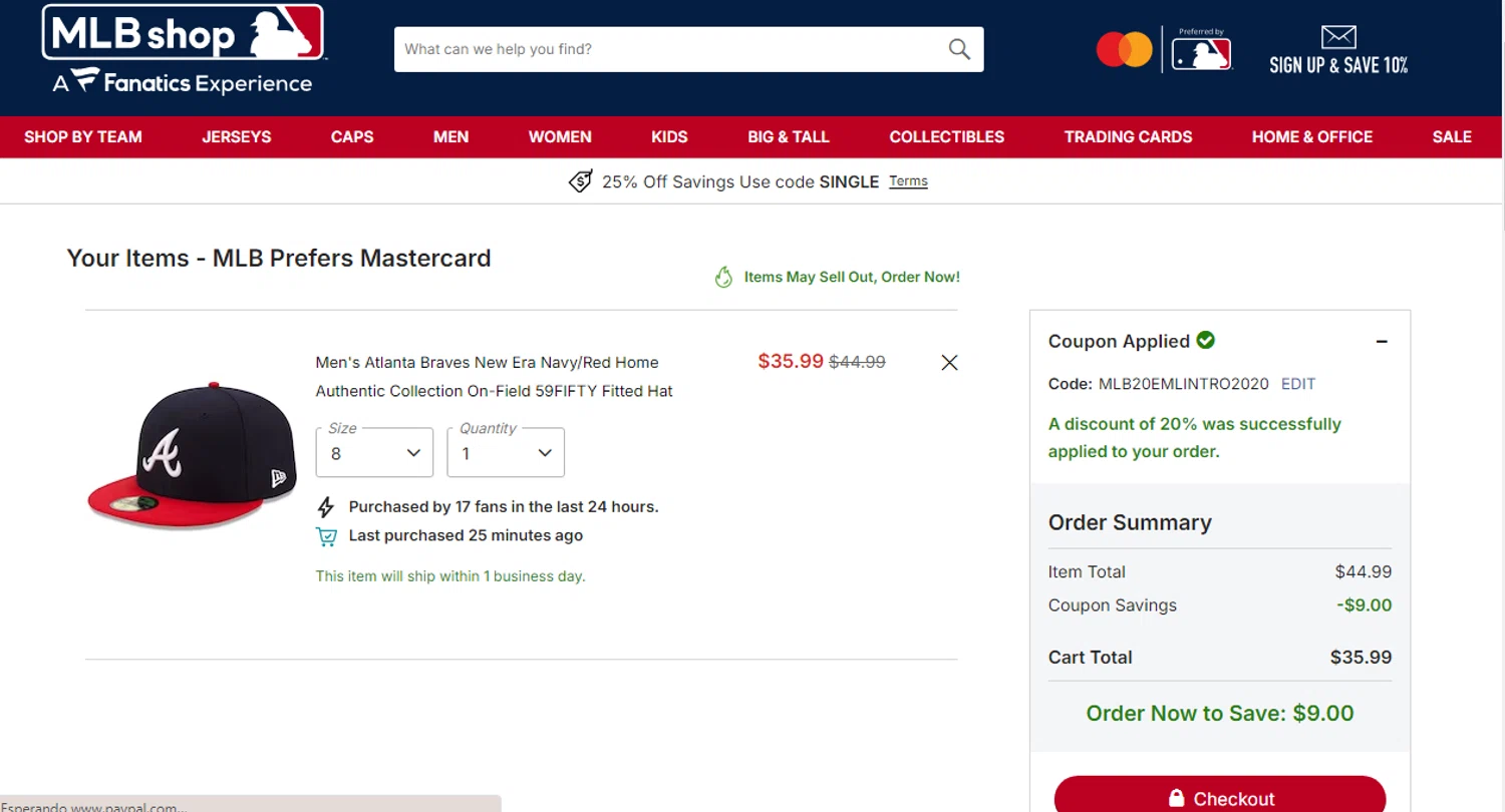 Atlanta Braves promo code screenshot showing code MLB20EMLINTRO2020 applied at Atlanta Braves checkout page. Uploaded by SimplyCodes community member CleverAdmiral7613 on Jun 19, 2025