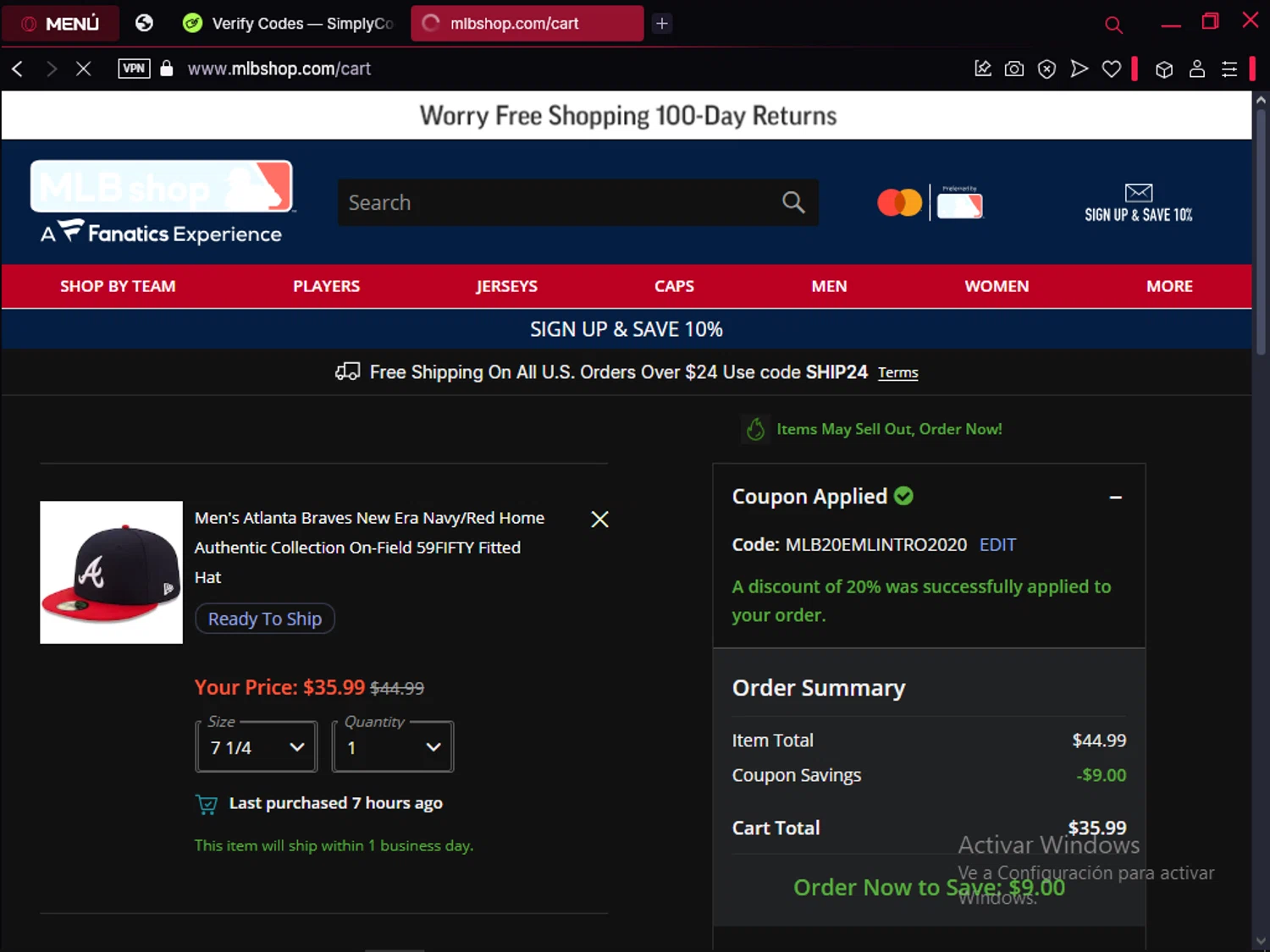 Atlanta Braves promo code screenshot showing code MLB20EMLINTRO2020 applied at Atlanta Braves checkout page. Uploaded by SimplyCodes community member RoyalMaestro2129 on Apr 5, 2025