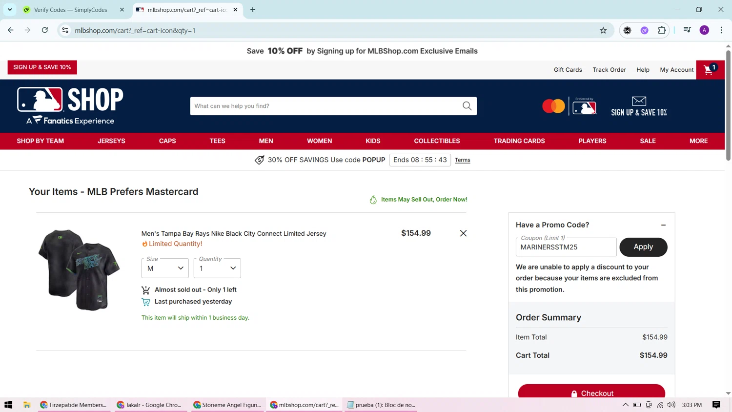 Atlanta Braves promo code screenshot showing code MARINERSSTM25 applied at Atlanta Braves checkout page. Uploaded by SimplyCodes community member CashChaser7272 on Oct 3, 2025