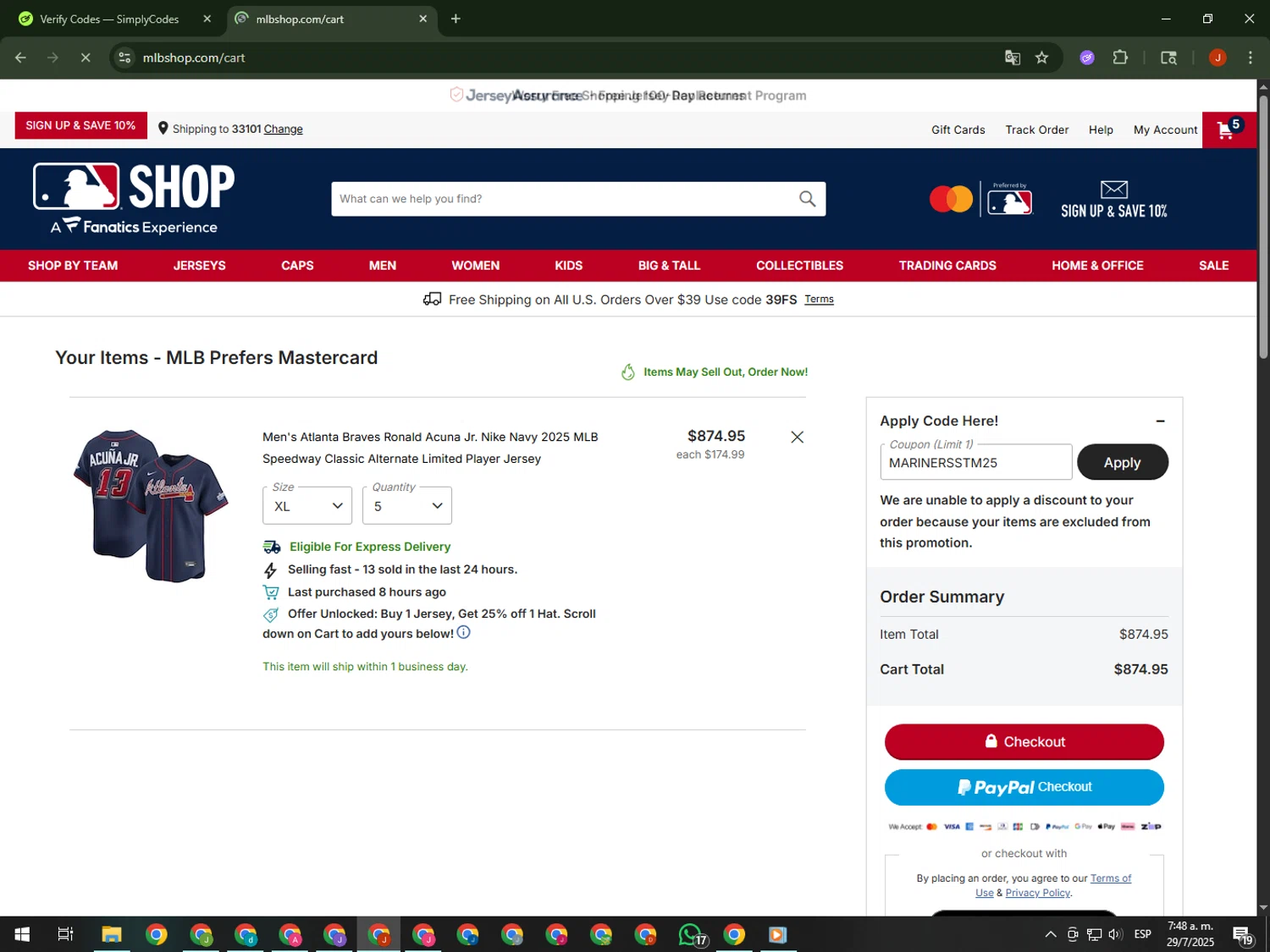 Atlanta Braves promo code screenshot showing code MARINERSSTM25 applied at Atlanta Braves checkout page. Uploaded by SimplyCodes community member KimDokja on Jul 29, 2025