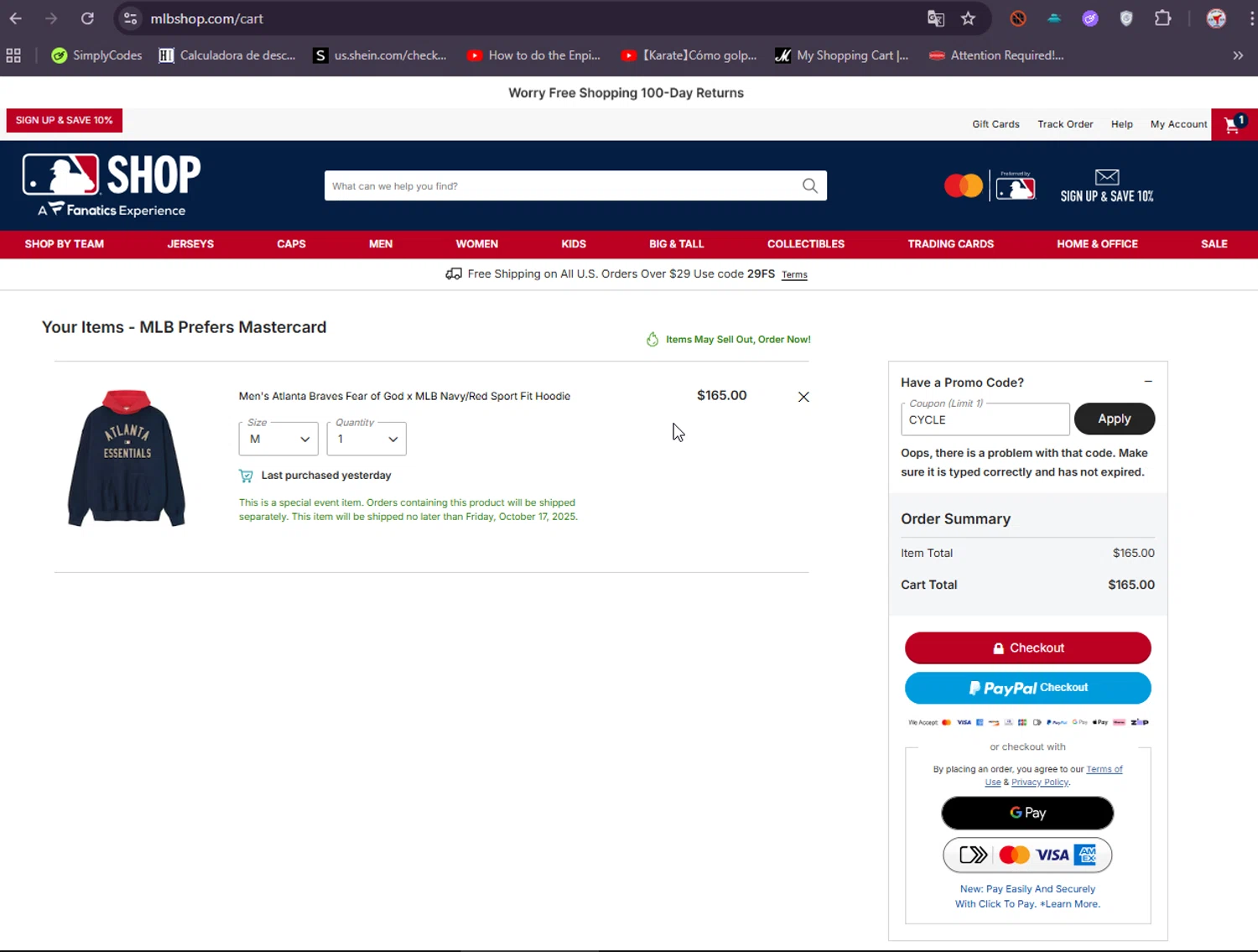 Atlanta Braves promo code screenshot showing code CYCLE applied at Atlanta Braves checkout page. Uploaded by SimplyCodes community member ElIntrepidoVolador on Sep 21, 2025