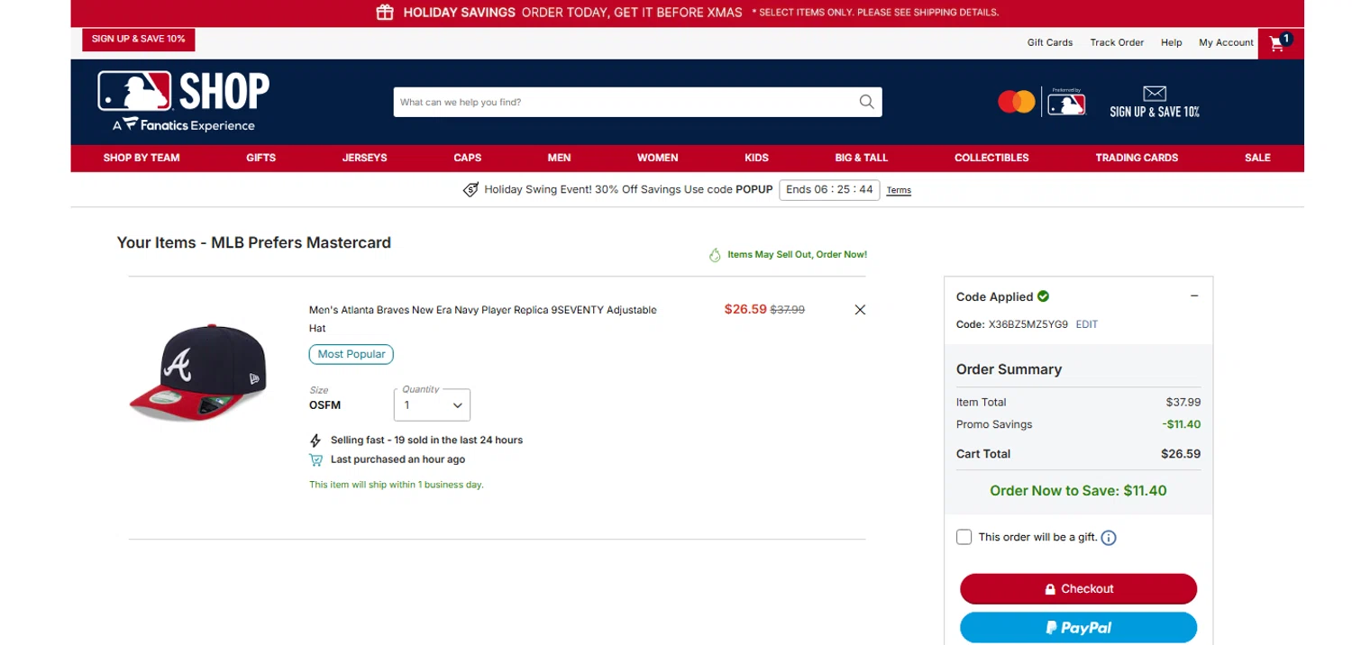 Atlanta Braves promo code screenshot showing code X36BZ5MZ5YG9 applied at Atlanta Braves checkout page. Uploaded by SimplyCodes community member OnlywM on Dec 18, 2025