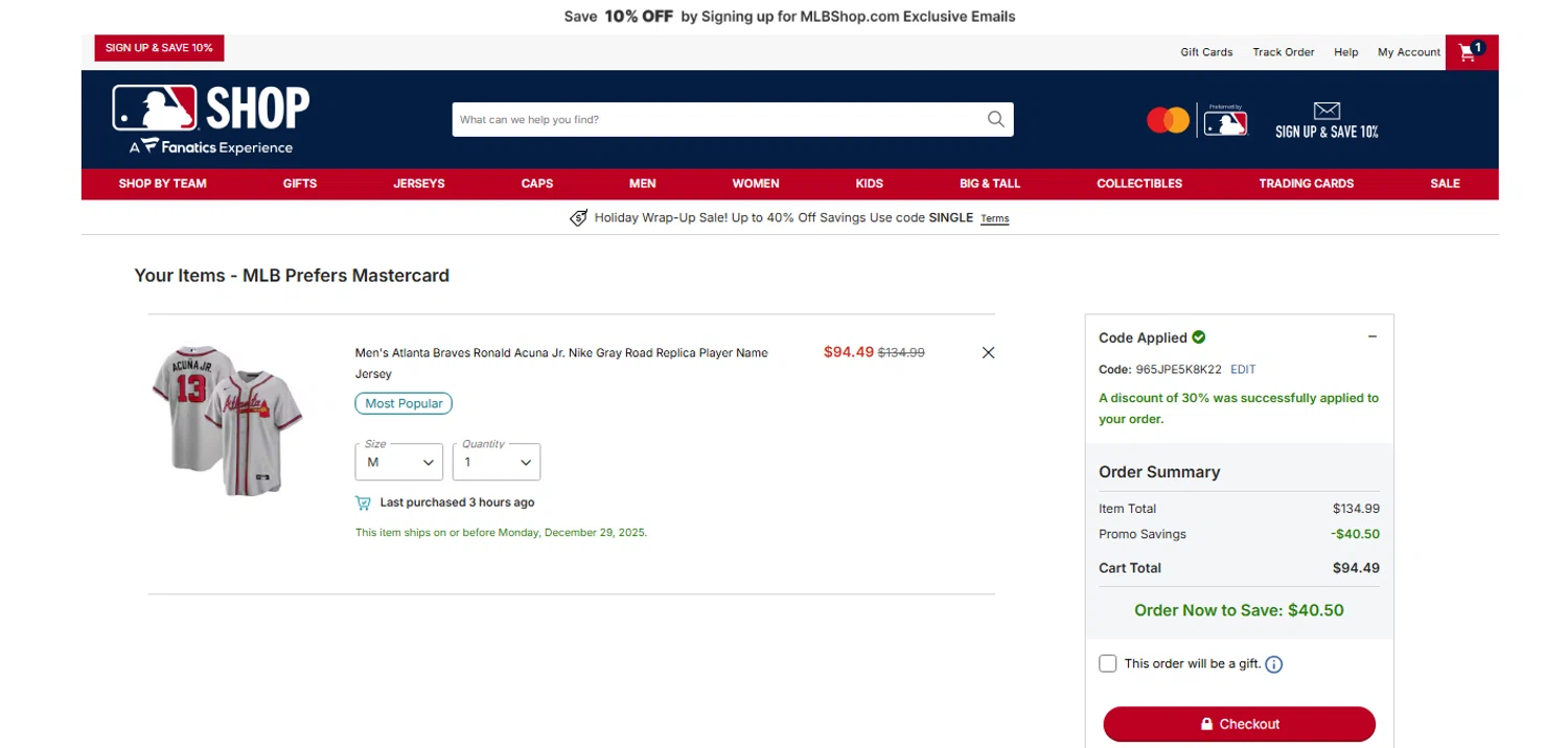 Atlanta Braves promo code screenshot showing code 965JPE5K8K22 applied at Atlanta Braves checkout page. Uploaded by SimplyCodes community member OnlywM on Dec 26, 2025