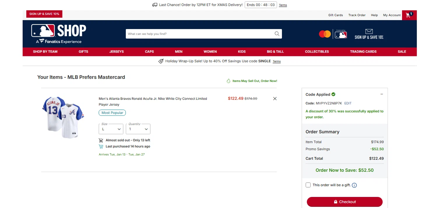 Atlanta Braves promo code screenshot showing code MVPYVZ2N8P7K applied at Atlanta Braves checkout page. Uploaded by SimplyCodes community member OnlywM on Dec 22, 2025