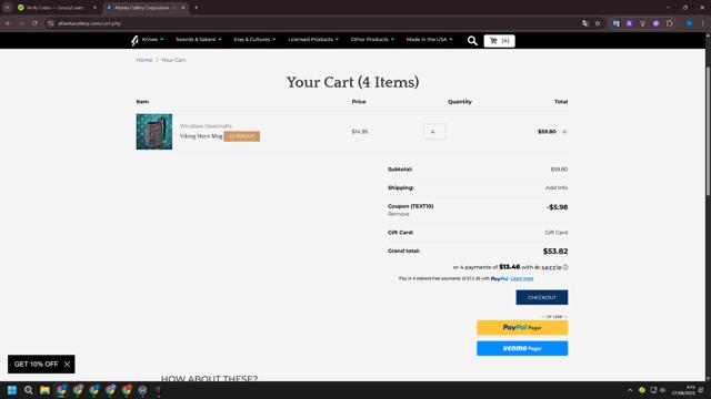 Atlanta Cutlery checkout page showing Atlanta Cutlery promo code box | Screenshot taken by SimplyCodes community member on Aug 27, 2025