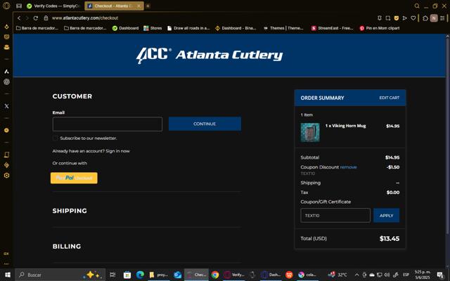 Atlanta Cutlery checkout page showing Atlanta Cutlery promo code box | Screenshot taken by SimplyCodes community member on Jun 5, 2025