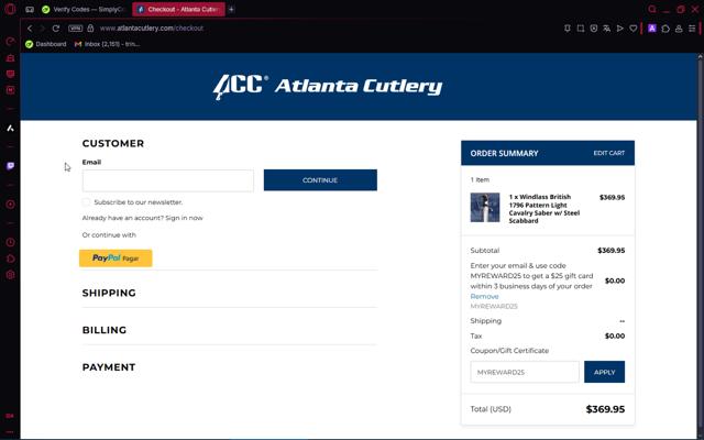 Atlanta Cutlery checkout page showing Atlanta Cutlery promo code box | Screenshot taken by SimplyCodes community member on Jul 13, 2025