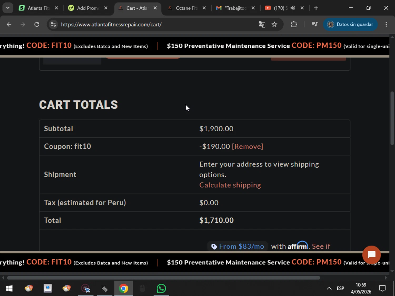 Atlanta Fitness Repair promo code screenshot showing code FIT10 applied at Atlanta Fitness Repair checkout page. Uploaded by SimplyCodes community member MarcosAranguren on May 4, 2026