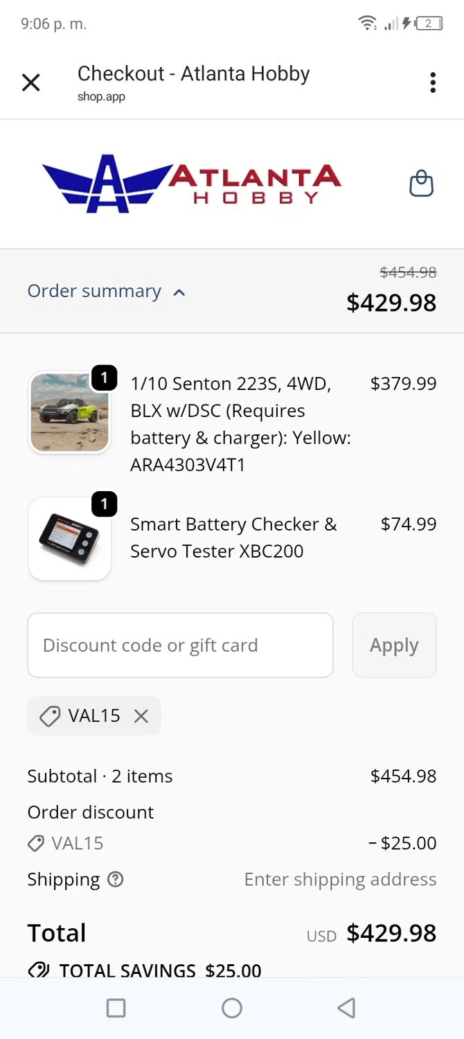 Atlanta Hobby promo code screenshot showing code Val15 applied at Atlanta Hobby checkout page. Uploaded by SimplyCodes community member BonusVoyager4214 on Feb 12, 2026