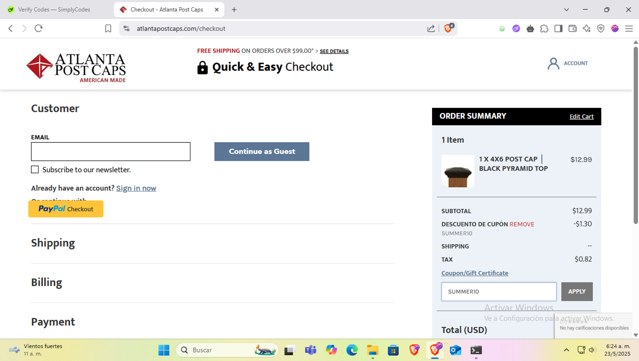 Atlanta Post Caps checkout page showing Atlanta Post Caps promo code box | Screenshot taken by SimplyCodes community member on May 23, 2025