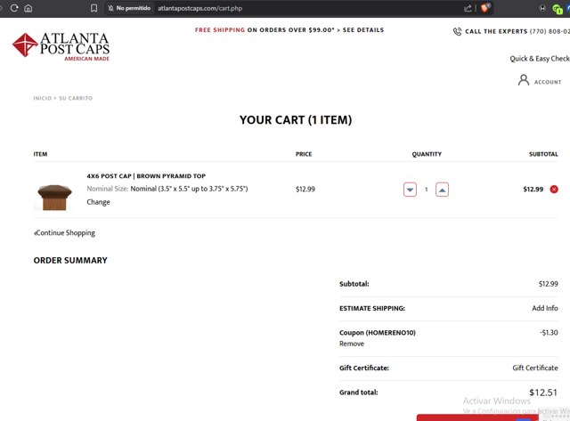 Atlanta Post Caps checkout page showing Atlanta Post Caps promo code box | Screenshot taken by SimplyCodes community member on Apr 18, 2025