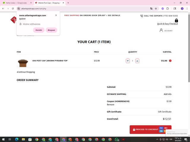 Atlanta Post Caps checkout page showing Atlanta Post Caps promo code box | Screenshot taken by SimplyCodes community member on Jun 6, 2025