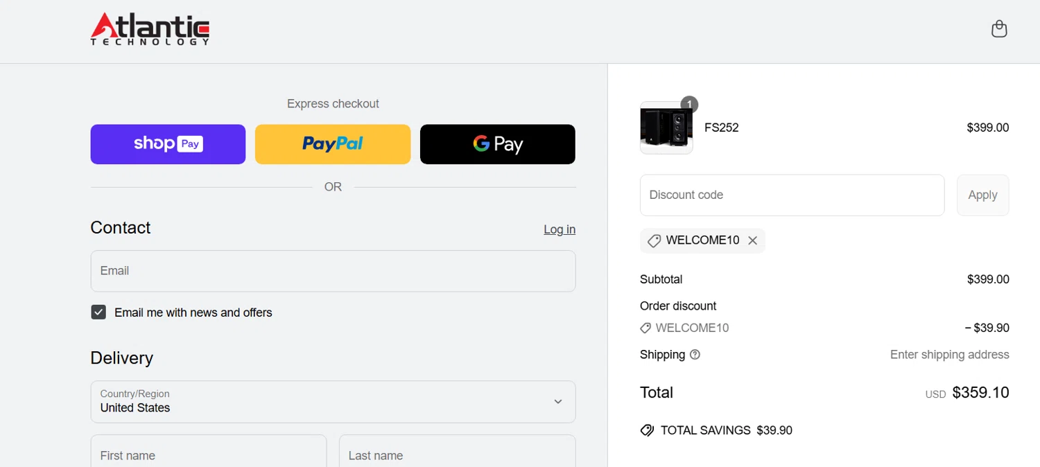 Atlantic Technology promo code screenshot showing code WELCOME10 applied at Atlantic Technology checkout page. Uploaded by SimplyCodes community member Sanemi on Apr 25, 2025