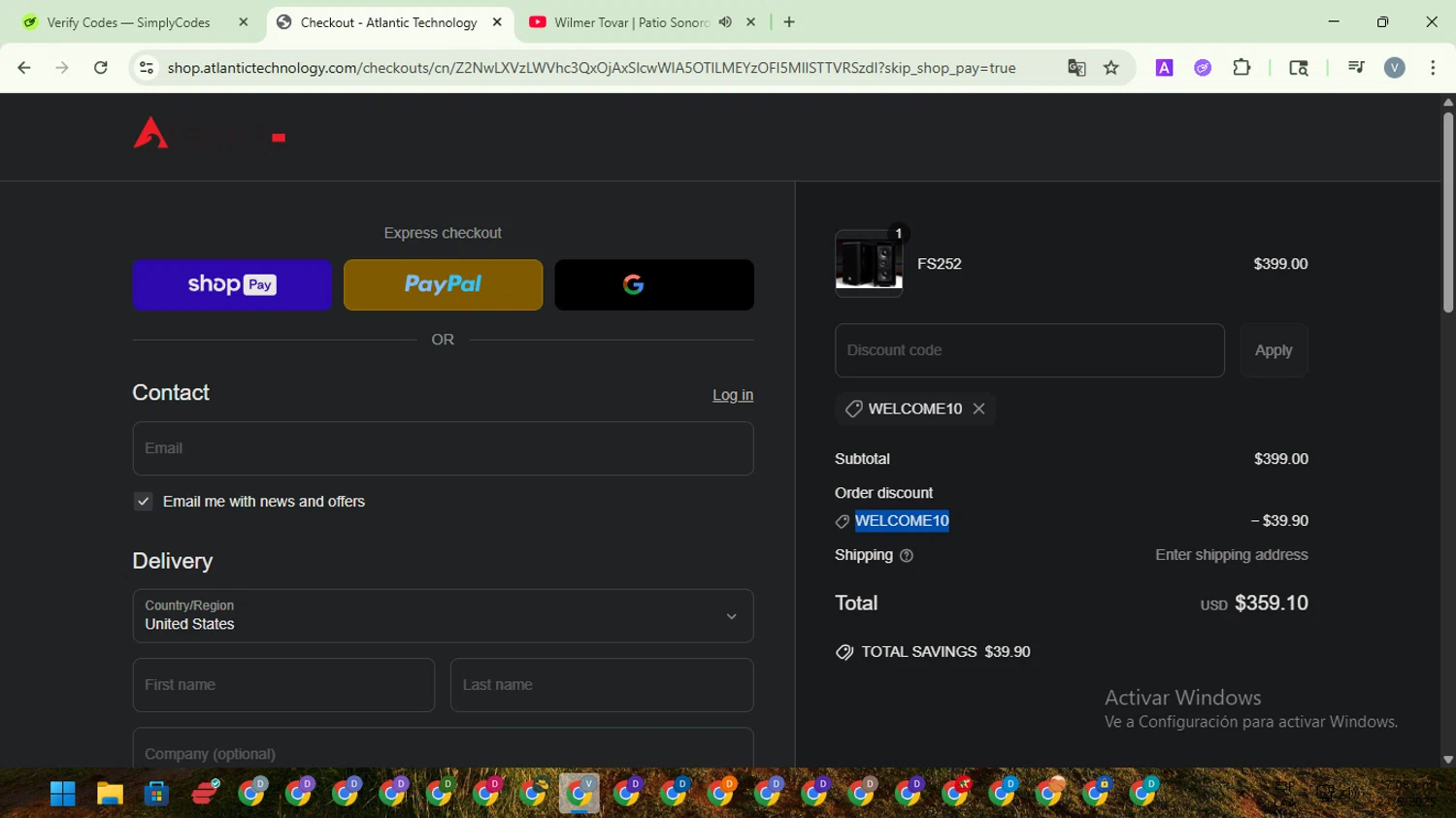 Atlantic Technology promo code screenshot showing code WELCOME10 applied at Atlantic Technology checkout page. Uploaded by SimplyCodes community member SwiftScout1619 on May 24, 2025