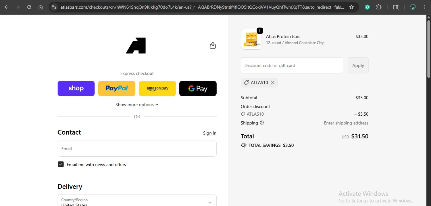 Atlas Bar discount code screenshot showing code ATLAS10 applied at Atlas Bar checkout page. Uploaded by SimplyCodes community member MariaCorinaMachado on Dec 4, 2025