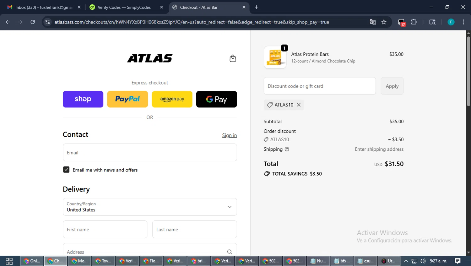 Atlas Bar discount code screenshot showing code ATLAS10 applied at Atlas Bar checkout page. Uploaded by SimplyCodes community member ShrewdTitan3233 on Oct 26, 2025