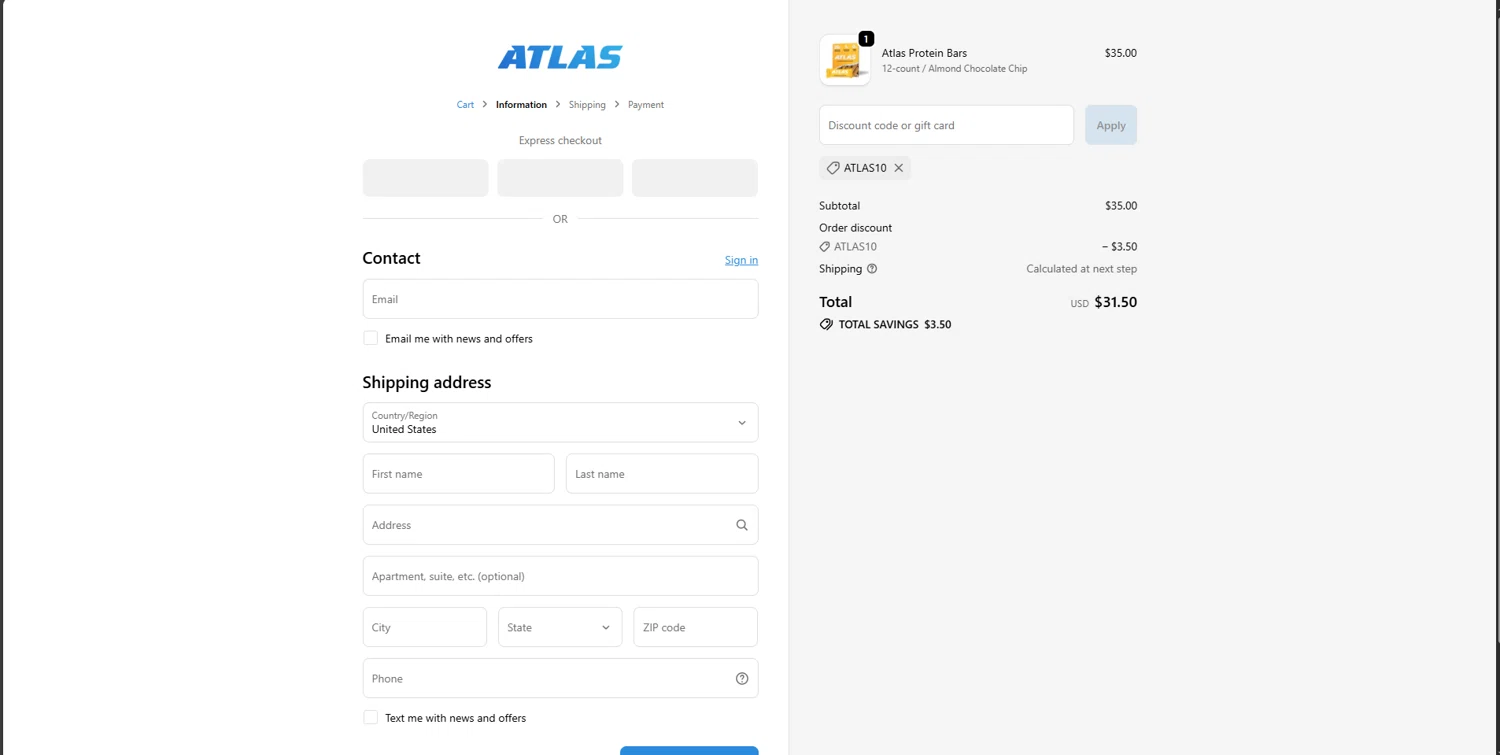 Atlas Bar discount code screenshot showing code ATLAS10 applied at Atlas Bar checkout page. Uploaded by SimplyCodes community member Underaiki on Oct 6, 2025