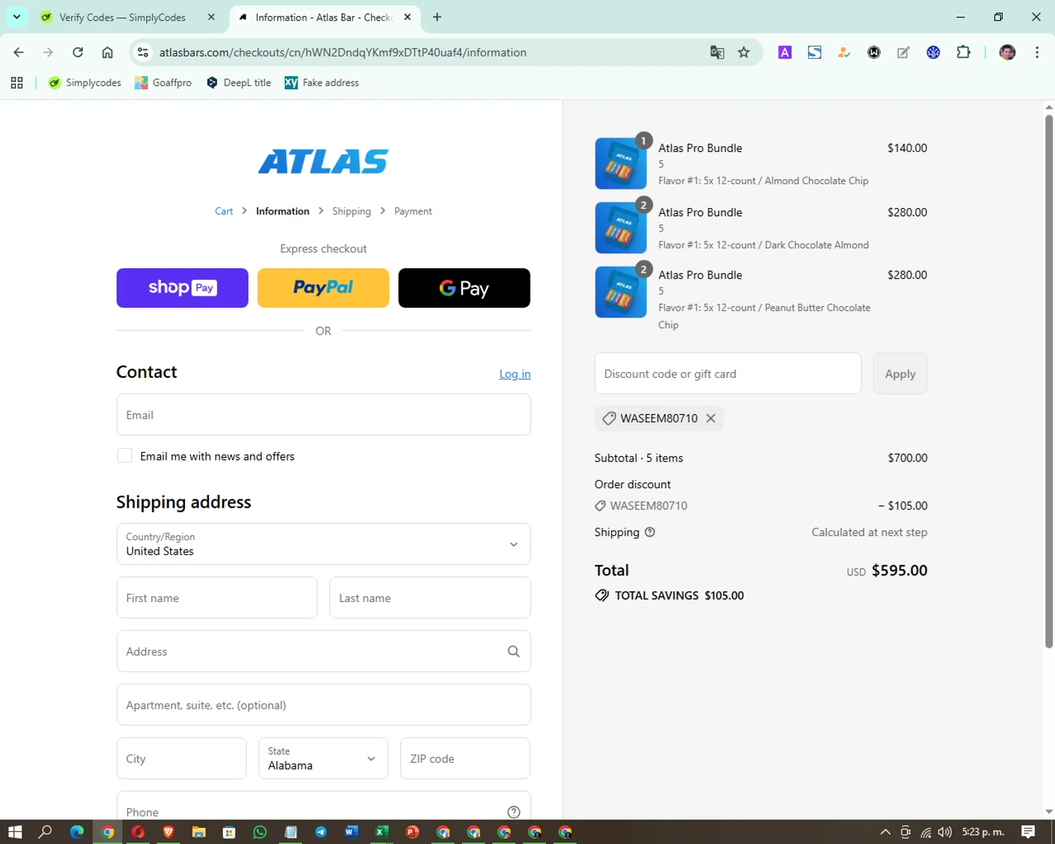 Atlas Bar discount code screenshot showing code WASEEM80710 applied at Atlas Bar checkout page. Uploaded by SimplyCodes community member Atlanta on Aug 25, 2025