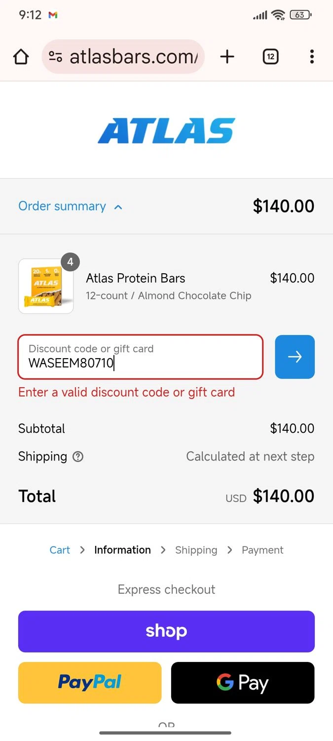 Atlas Bar discount code screenshot showing code WASEEM80710 applied at Atlas Bar checkout page. Uploaded by SimplyCodes community member Lamadama on Sep 7, 2025