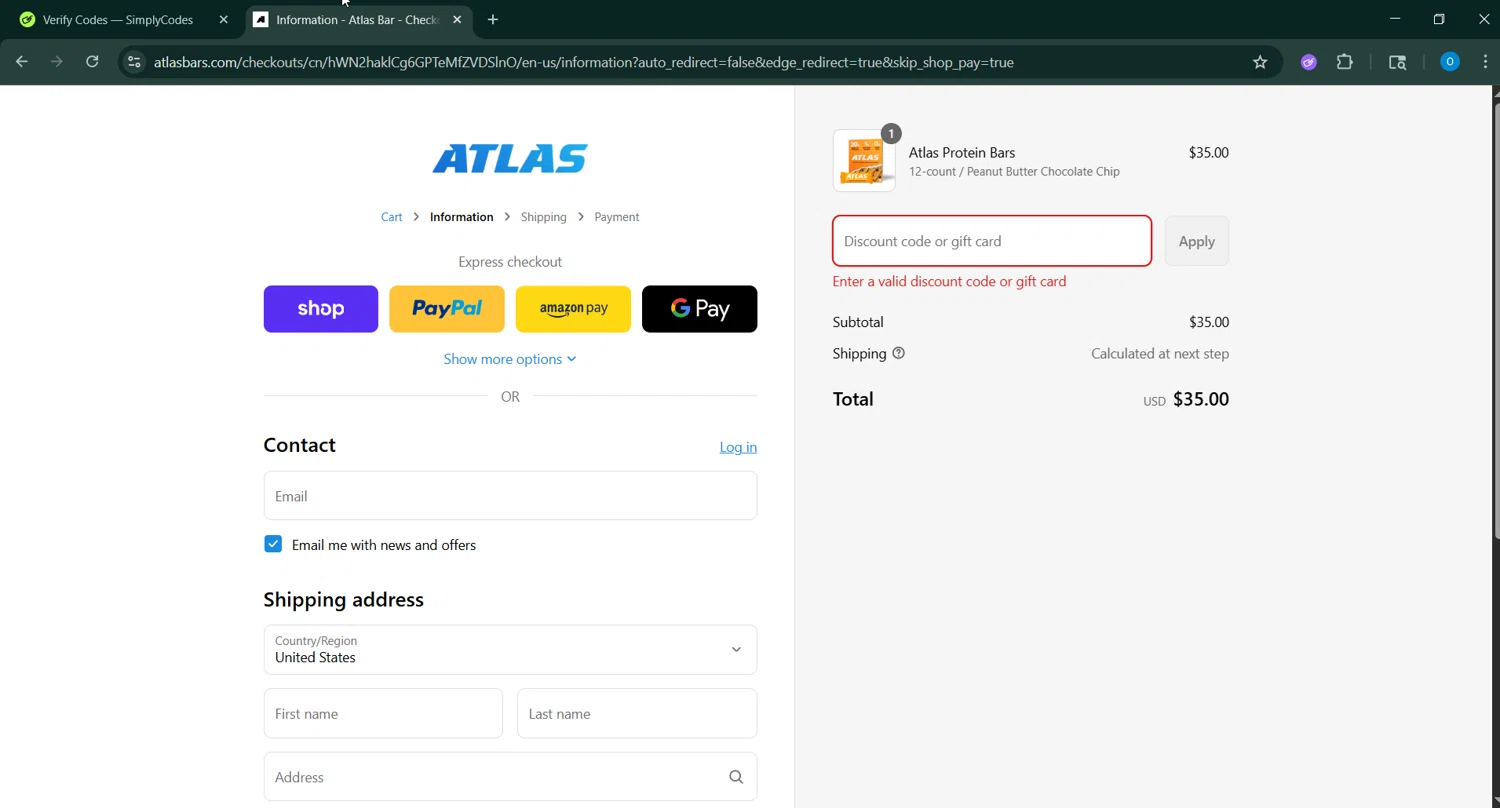 Atlas Bar discount code screenshot showing code WASEEM80710 applied at Atlas Bar checkout page. Uploaded by SimplyCodes community member RoyalSage9159 on Sep 7, 2025
