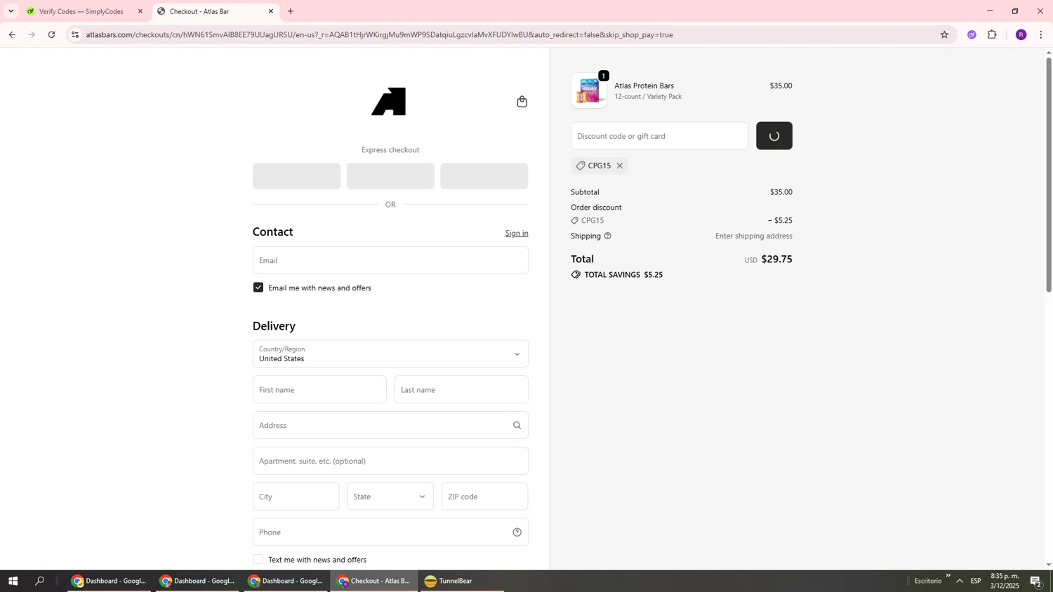 Atlas Bar discount code screenshot showing code CPG15 applied at Atlas Bar checkout page. Uploaded by SimplyCodes community member ukemochi on Dec 4, 2025