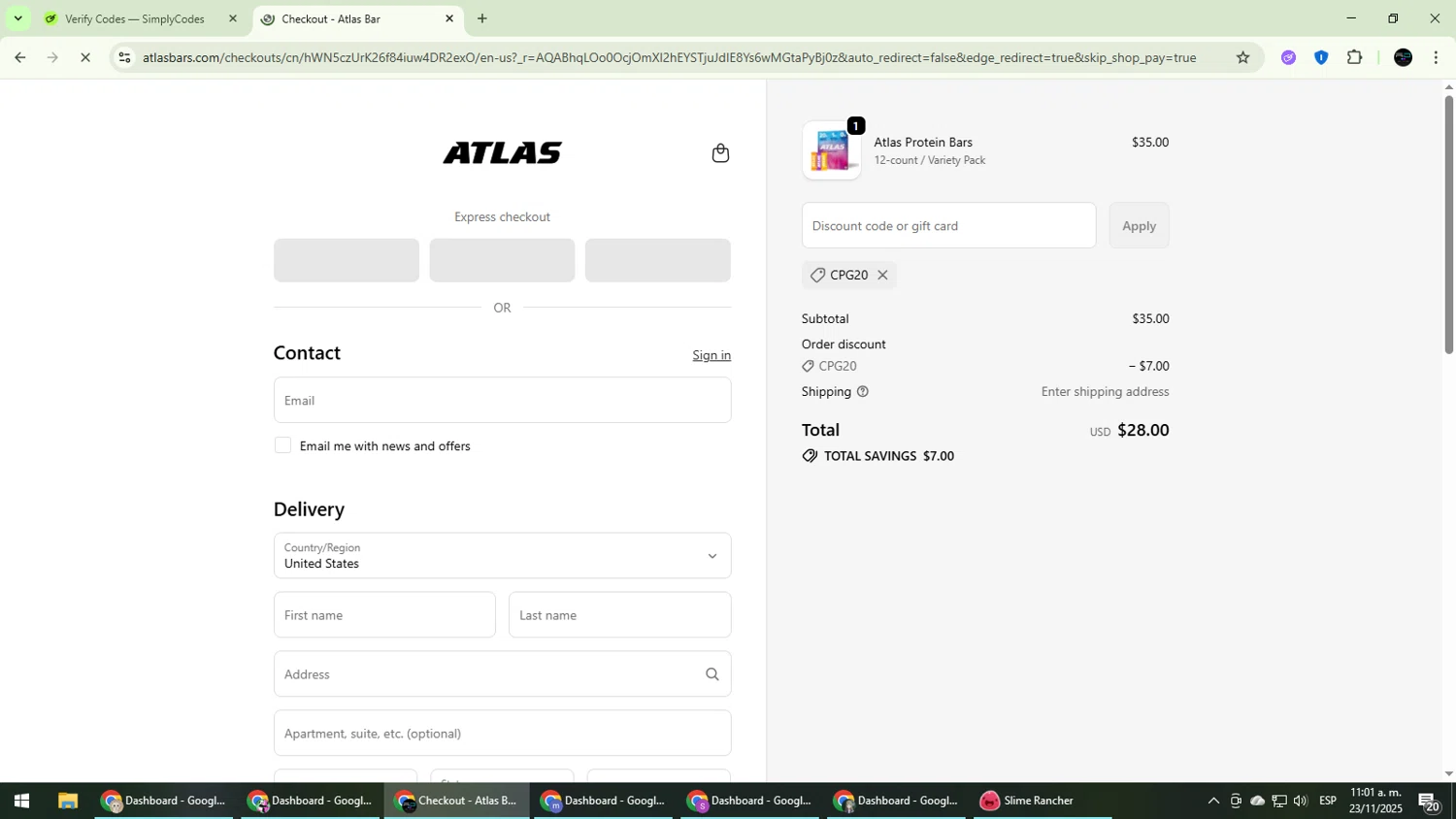 Atlas Bar discount code screenshot showing code CPG20 applied at Atlas Bar checkout page. Uploaded by SimplyCodes community member CarmenVGR on Nov 23, 2025