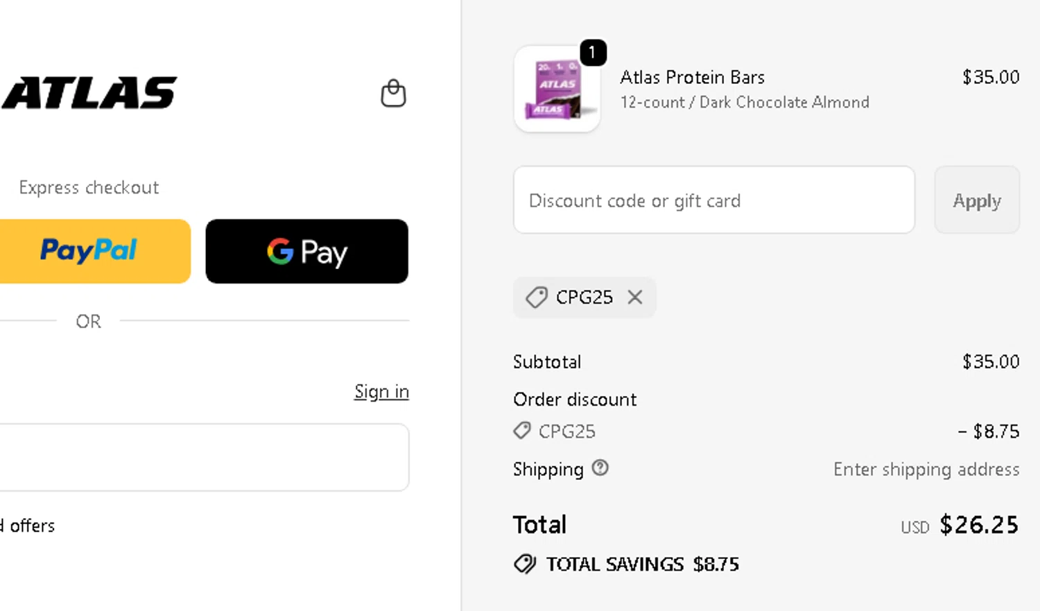 Atlas Bar discount code screenshot showing code CPG25 applied at Atlas Bar checkout page. Uploaded by SimplyCodes community member AMANDA2681 on Oct 30, 2025
