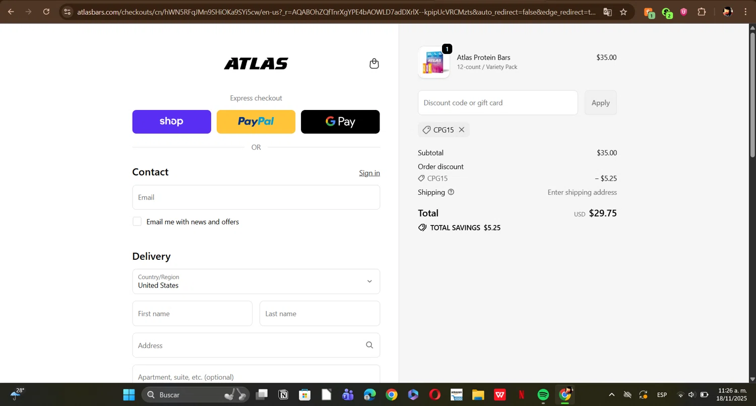 Atlas Bar discount code screenshot showing code CPG15 applied at Atlas Bar checkout page. Uploaded by SimplyCodes community member ERI0810 on Nov 18, 2025