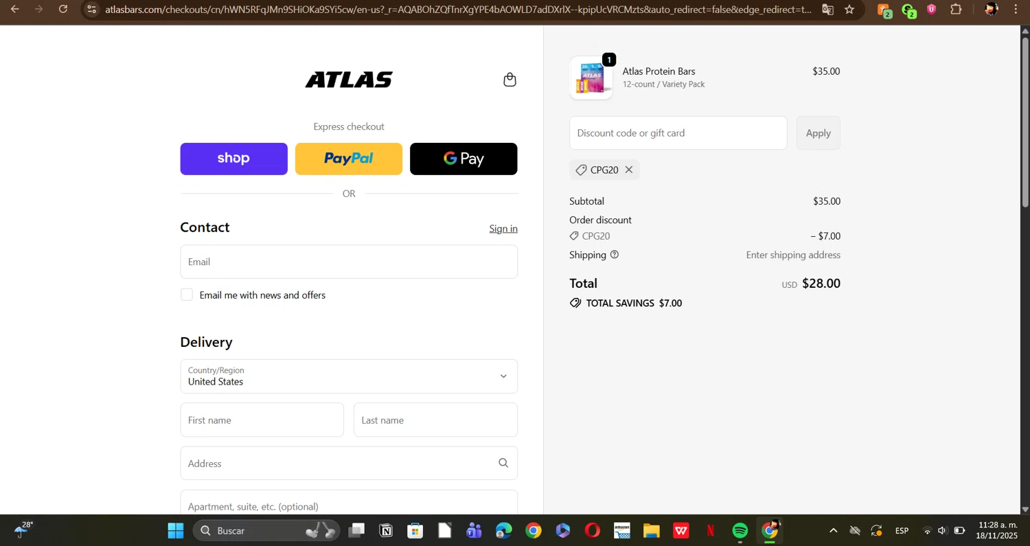 Atlas Bar discount code screenshot showing code CPG20 applied at Atlas Bar checkout page. Uploaded by SimplyCodes community member ERI0810 on Nov 18, 2025