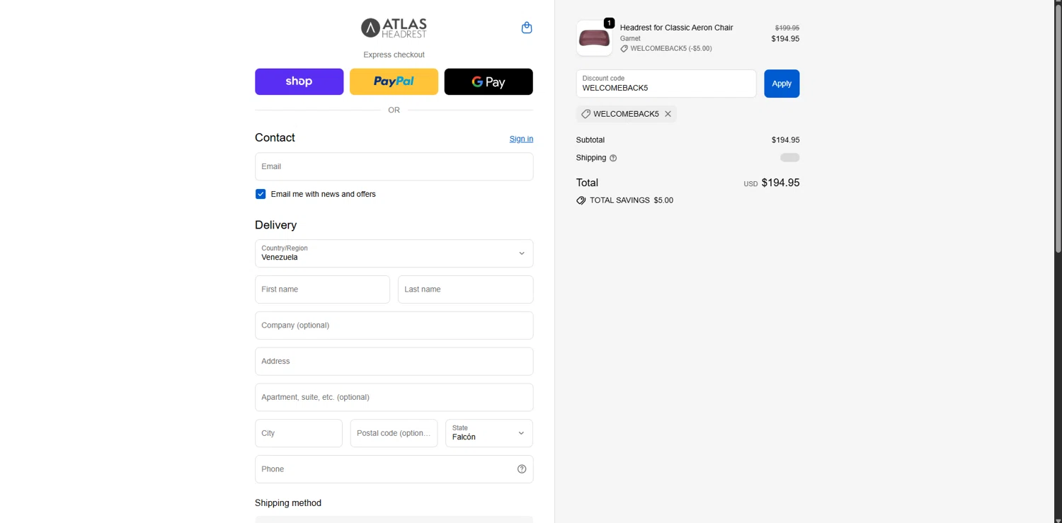 Atlas Headrest discount code screenshot showing code WELCOMEBACK5 applied at Atlas Headrest checkout page. Uploaded by SimplyCodes community member MagnificentBoss8201 on Sep 30, 2025