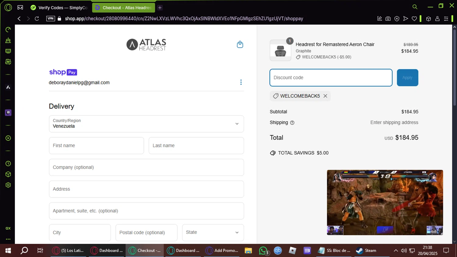 Atlas Headrest discount code screenshot showing code WELCOMEBACK5 applied at Atlas Headrest checkout page. Uploaded by SimplyCodes community member DiscountFinder7150 on Apr 21, 2025