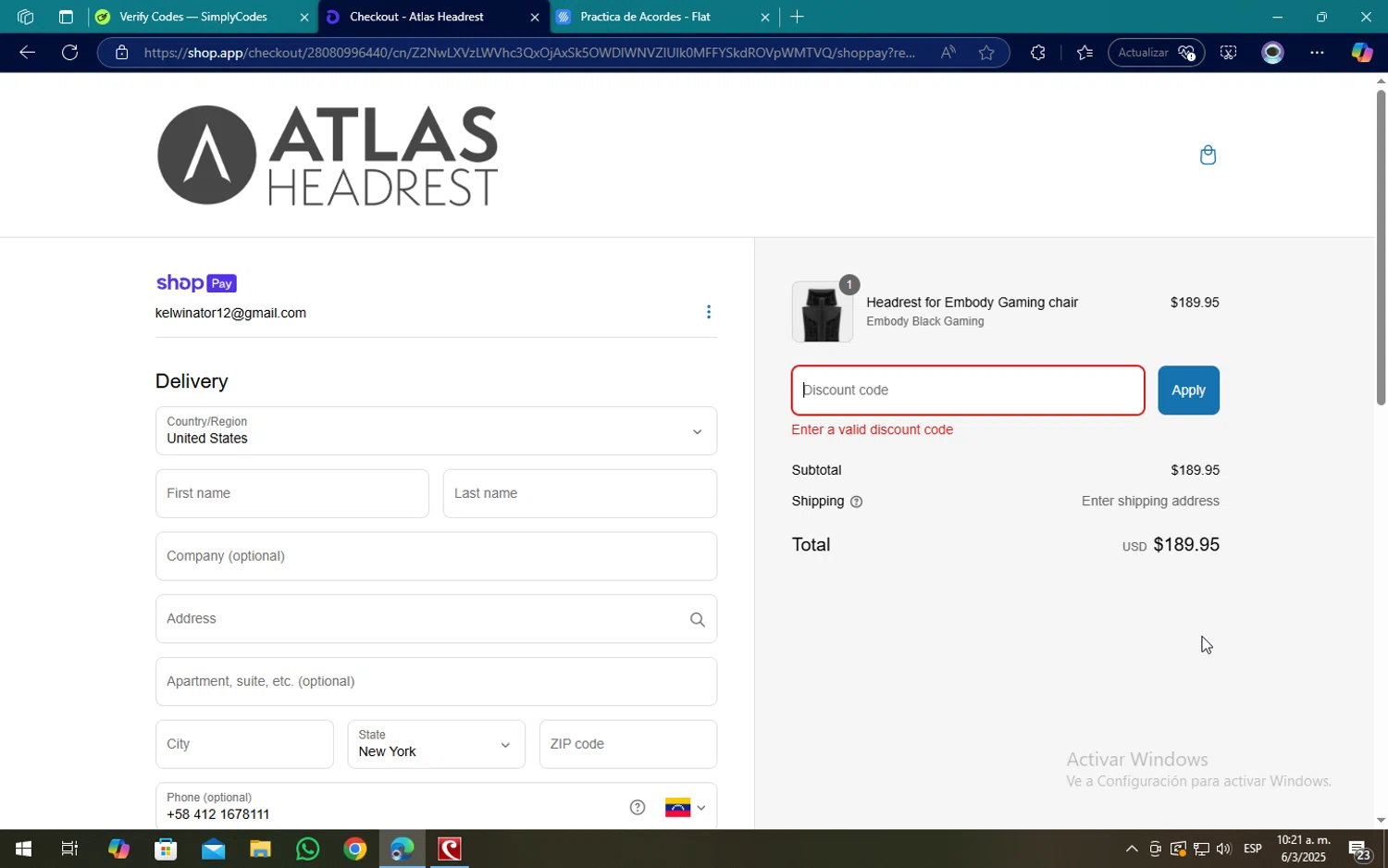Atlas Headrest discount code screenshot showing code 20OFF applied at Atlas Headrest checkout page. Uploaded by SimplyCodes community member SOPACONPAN on Mar 6, 2025