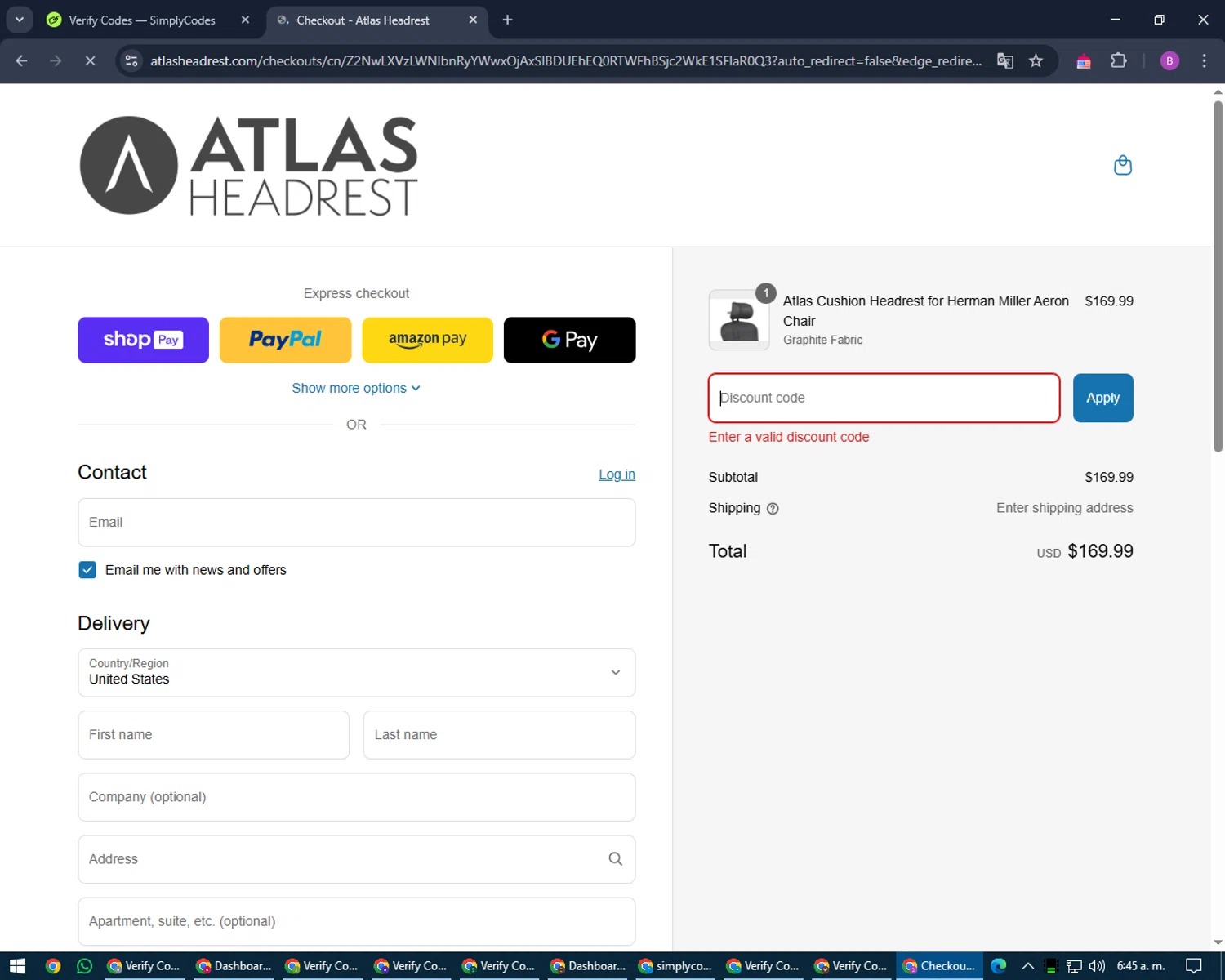 Atlas Headrest discount code screenshot showing code 20OFF applied at Atlas Headrest checkout page. Uploaded by SimplyCodes community member travisscott on Mar 15, 2025