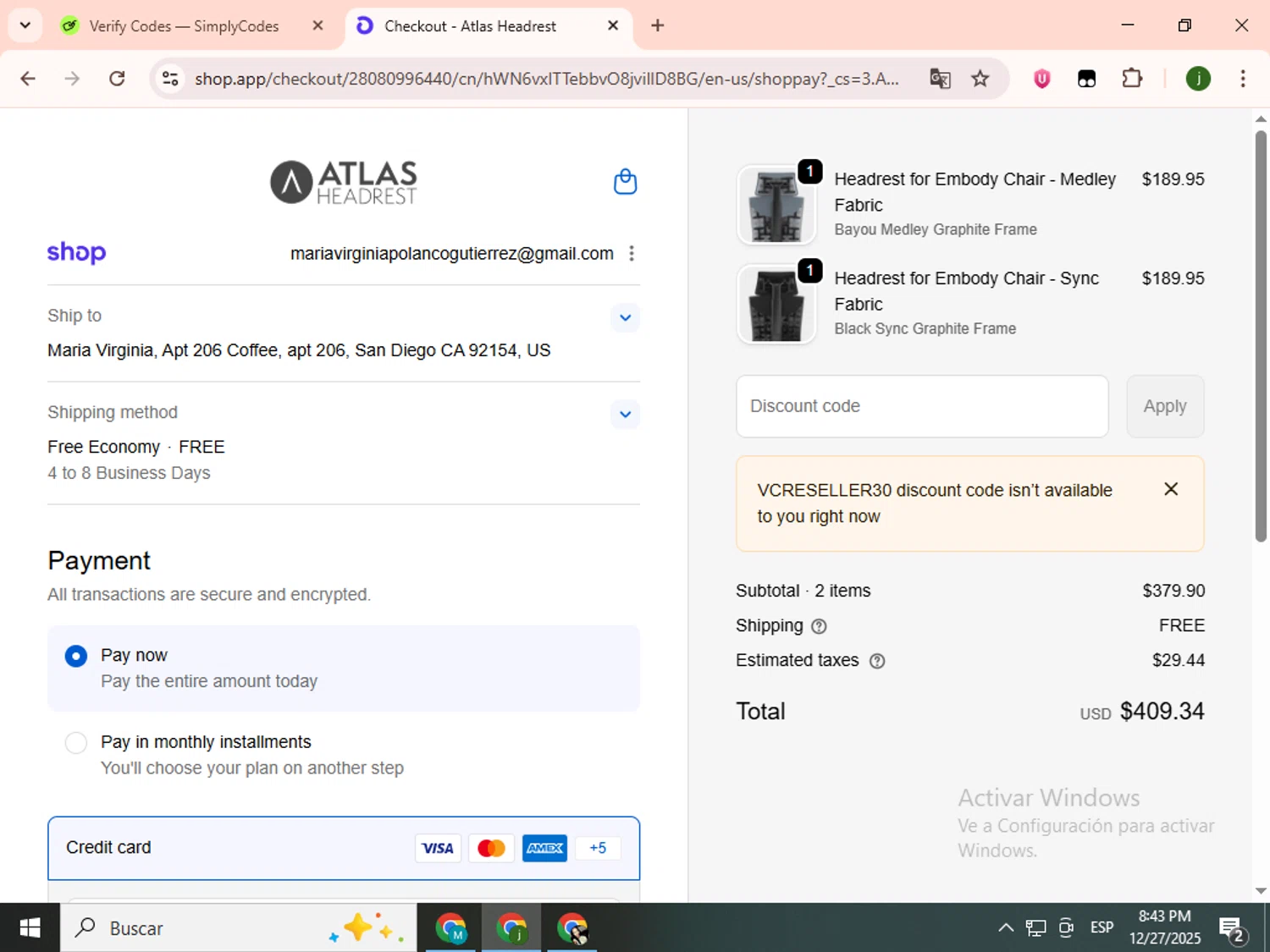Atlas Headrest discount code screenshot showing code vcreseller30 applied at Atlas Headrest checkout page. Uploaded by SimplyCodes community member SavingsCollector2592 on Dec 28, 2025